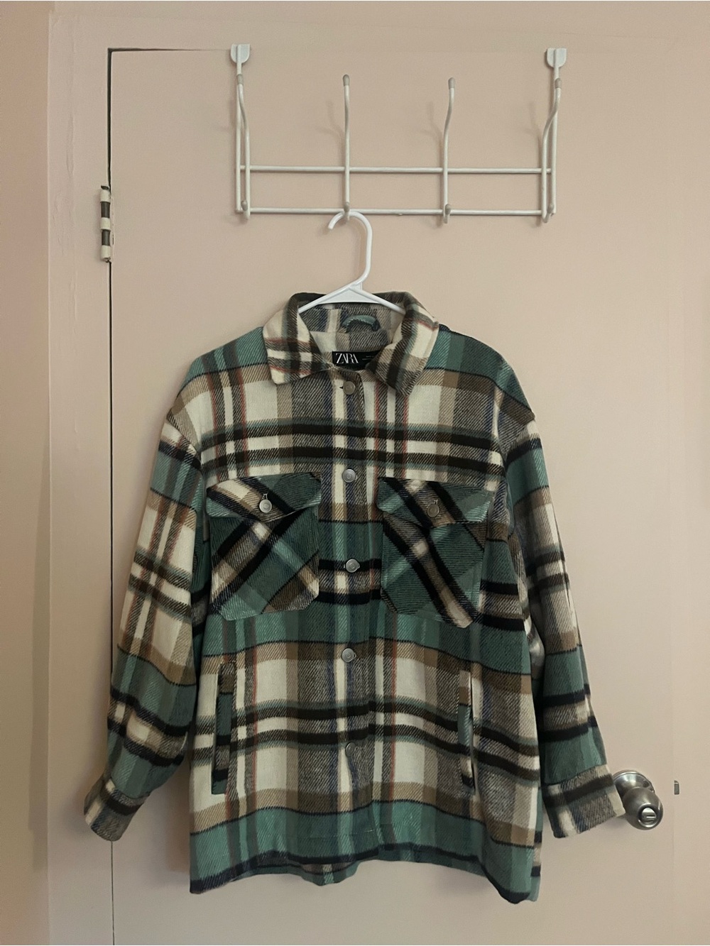 Zara Teal and Brown Plaid Button-Up Shacket